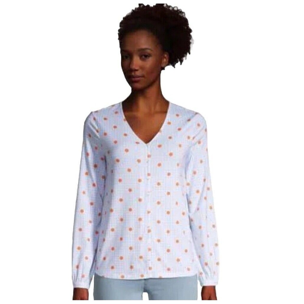 Lands' End Womens L/S Multi V-Neck Button-Front Shirt Top Large NWT Blue Gingham